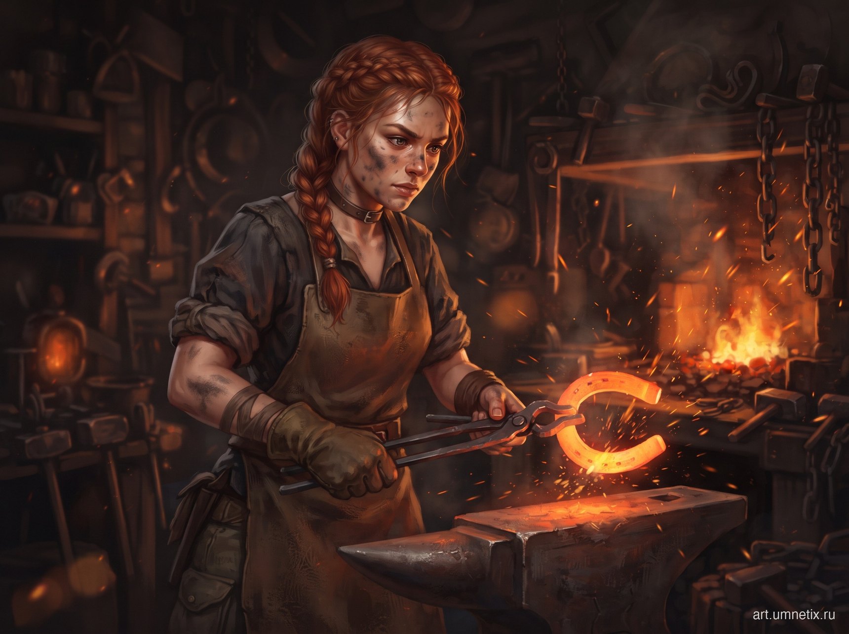 Портрет игрового персонажа: рыжая девушка-кузнец с сажей на щеке держит клещами раскалённую подкову, вокруг искры