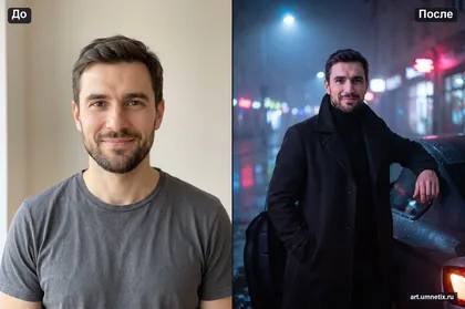 Мужчина у машины под дождём в ночном городе