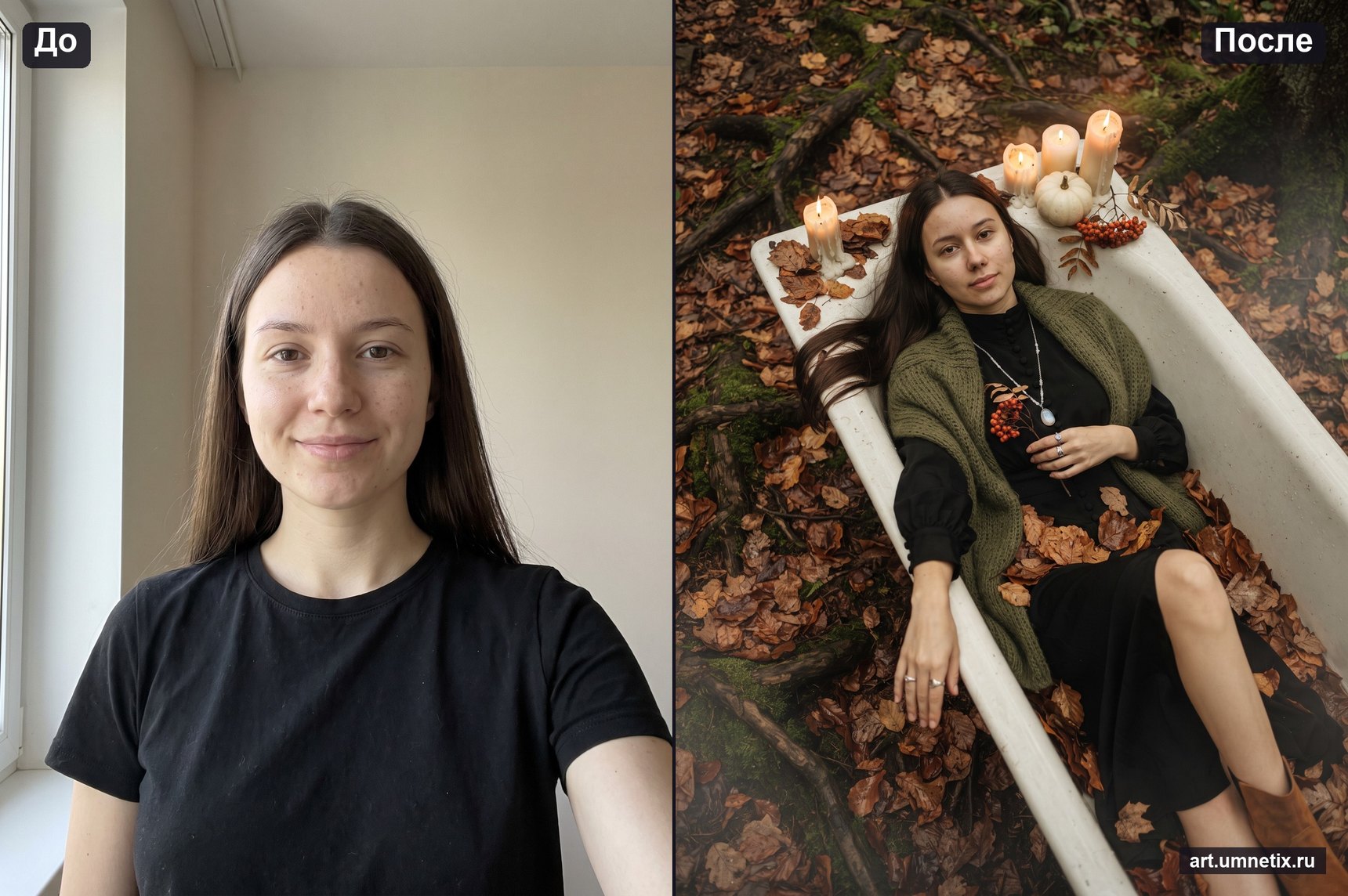 Ванна, полная листьев, в лесу: обычное фото и результат по готовому промту