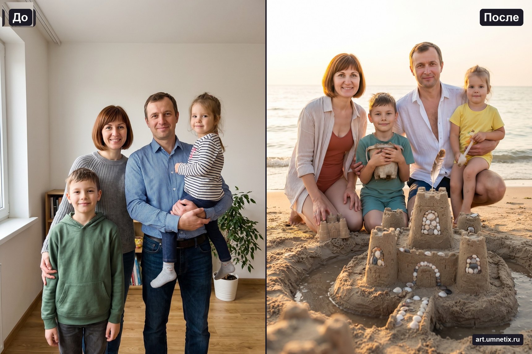 Замок из песка всей семьёй: обычное фото и результат по готовому промту