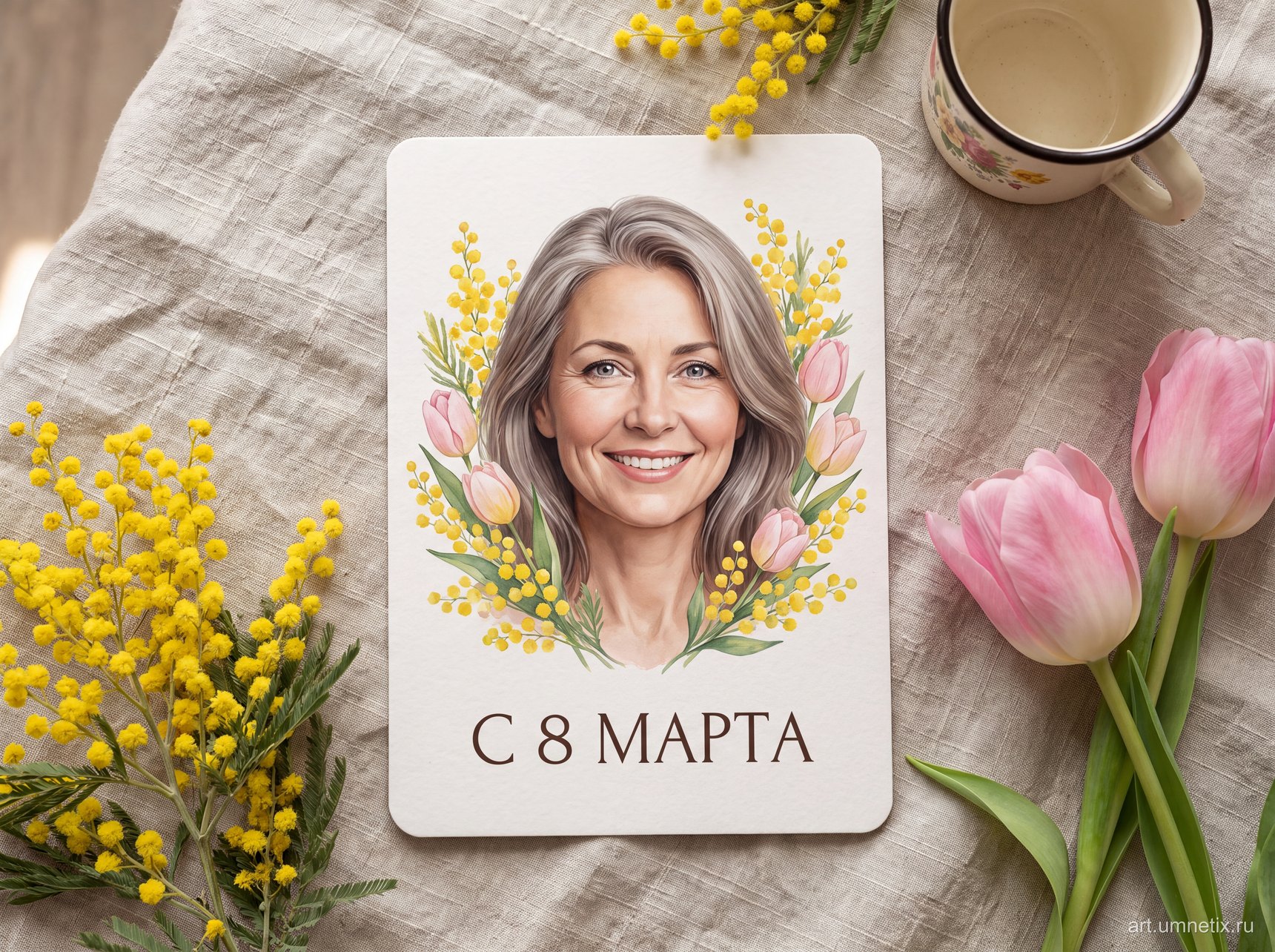 Открытка на 8 марта: портрет женщины в акварельном венке из мимозы и тюльпанов, рядом живые цветы на льняной скатерти.