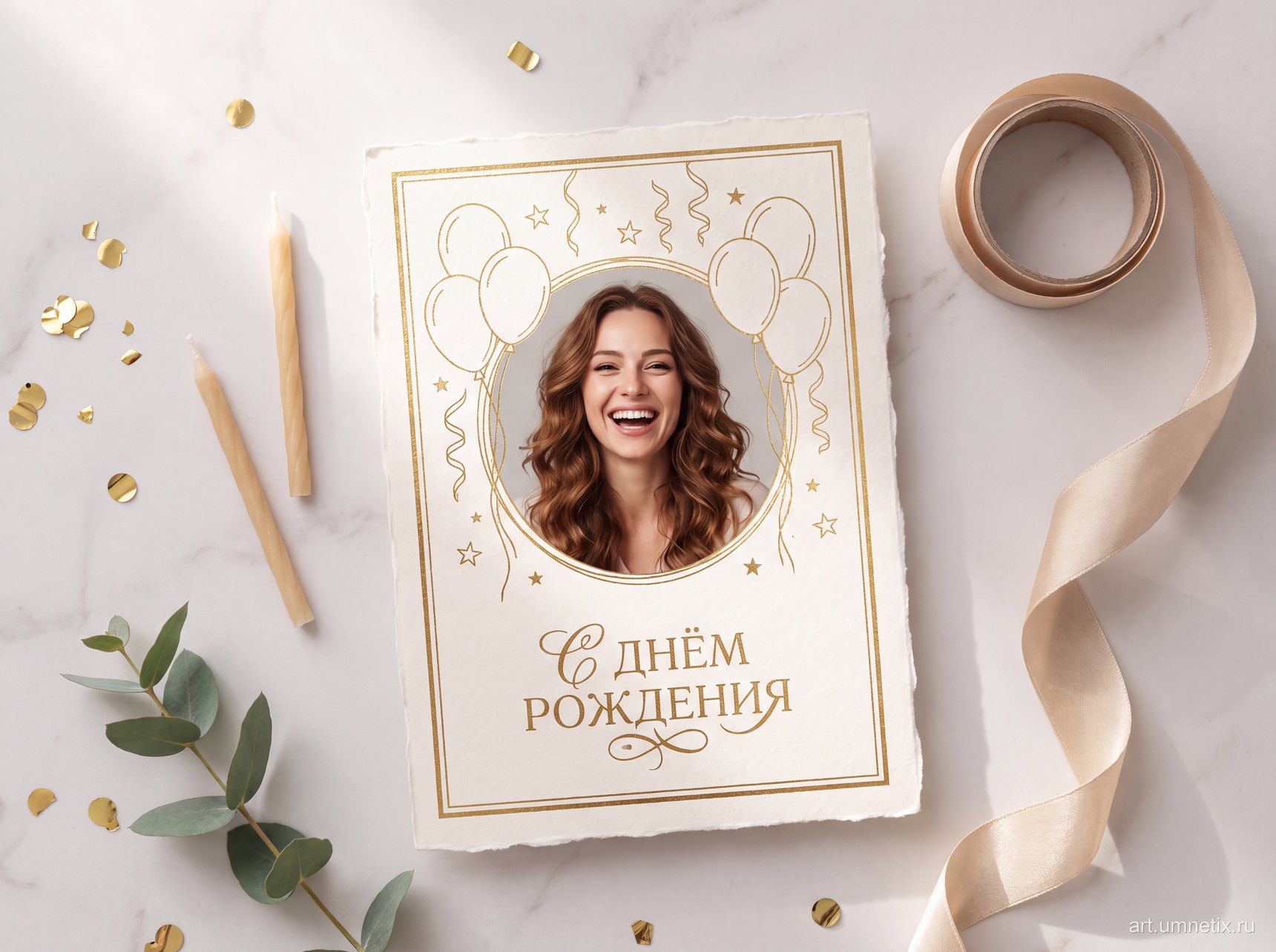 Печатная открытка с портретом именинницы в золотой рамке из шаров и надписью «С днём рождения», рядом свечи и конфетти.