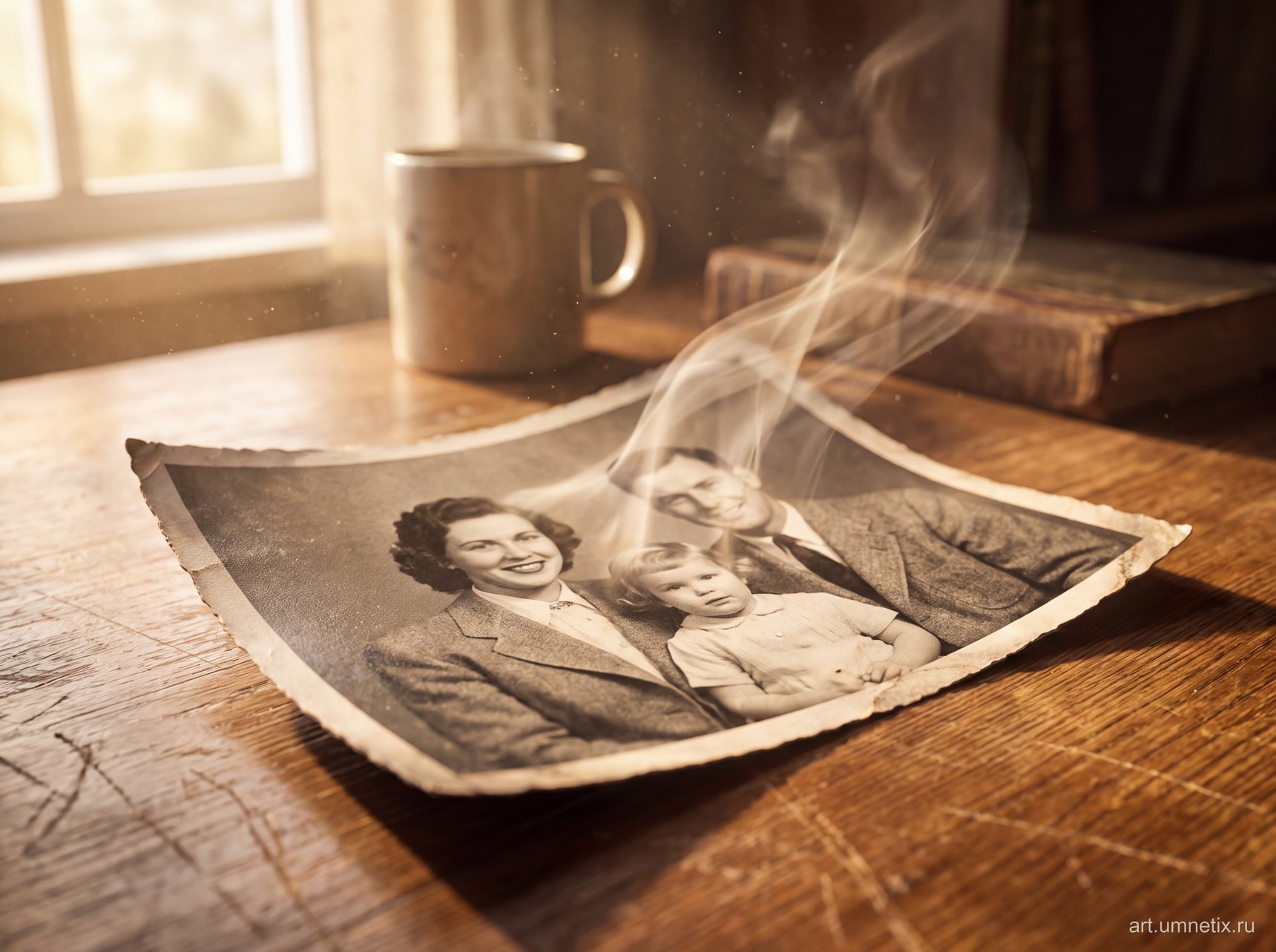 Старая семейная фотография на столе, над снимком поднимается лёгкое движение