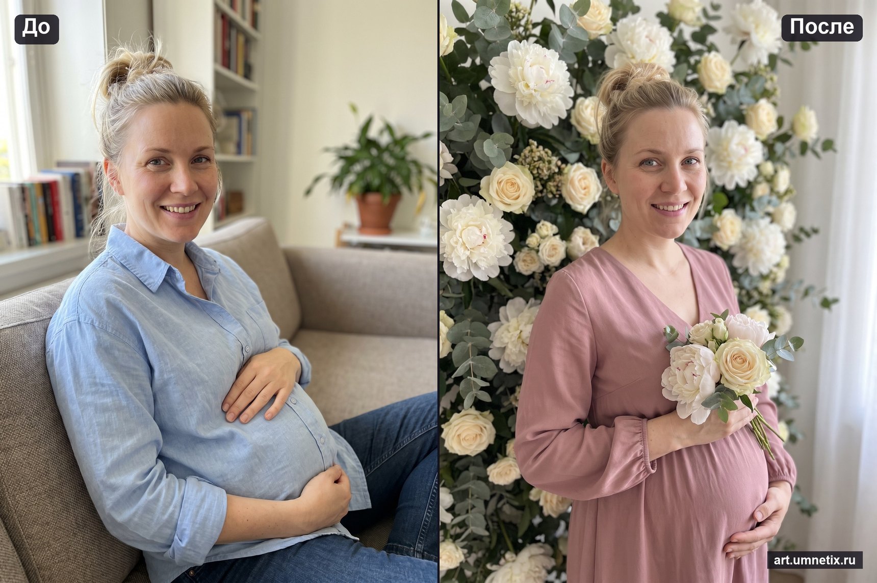 Обычное фото беременной женщины и её портрет у стены из живых цветов