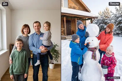 Семья лепит снеговика