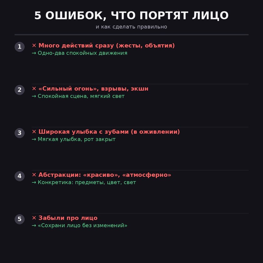 Пять ошибок промпта, которые портят лицо, и как сделать правильно: много действий, экшн, улыбка с зубами, абстракции, забытый якорь лица