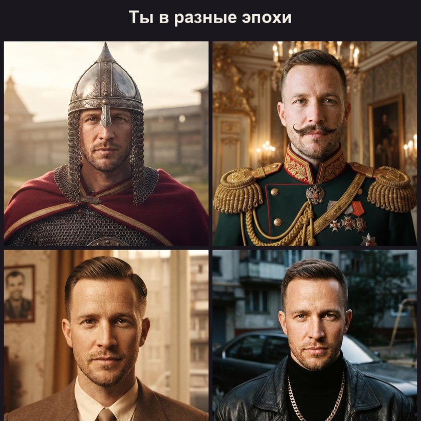 Одно лицо в четырёх эпохах: богатырь Древней Руси, офицер царской армии, франт пятидесятых, герой девяностых