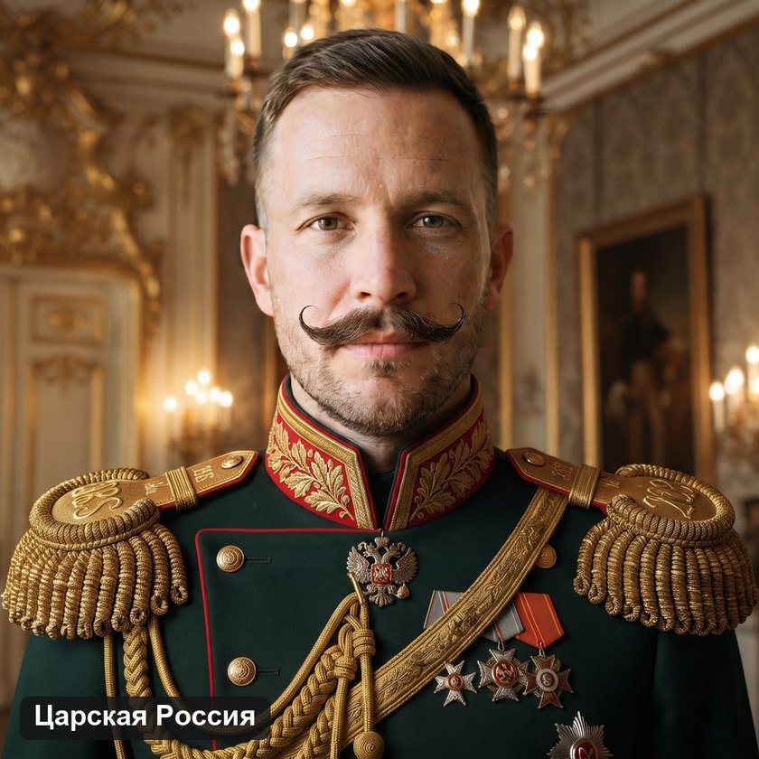 Образ офицера царской России по фото: парадный мундир с эполетами и орденами, зал дворца, лицо сохранено