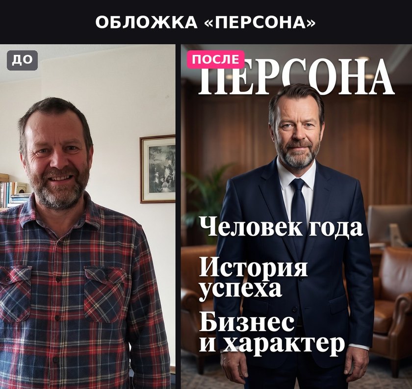 Обычное селфи и деловая обложка «человек года» из него: слева фото, справа строгая журнальная обложка, лицо сохранено