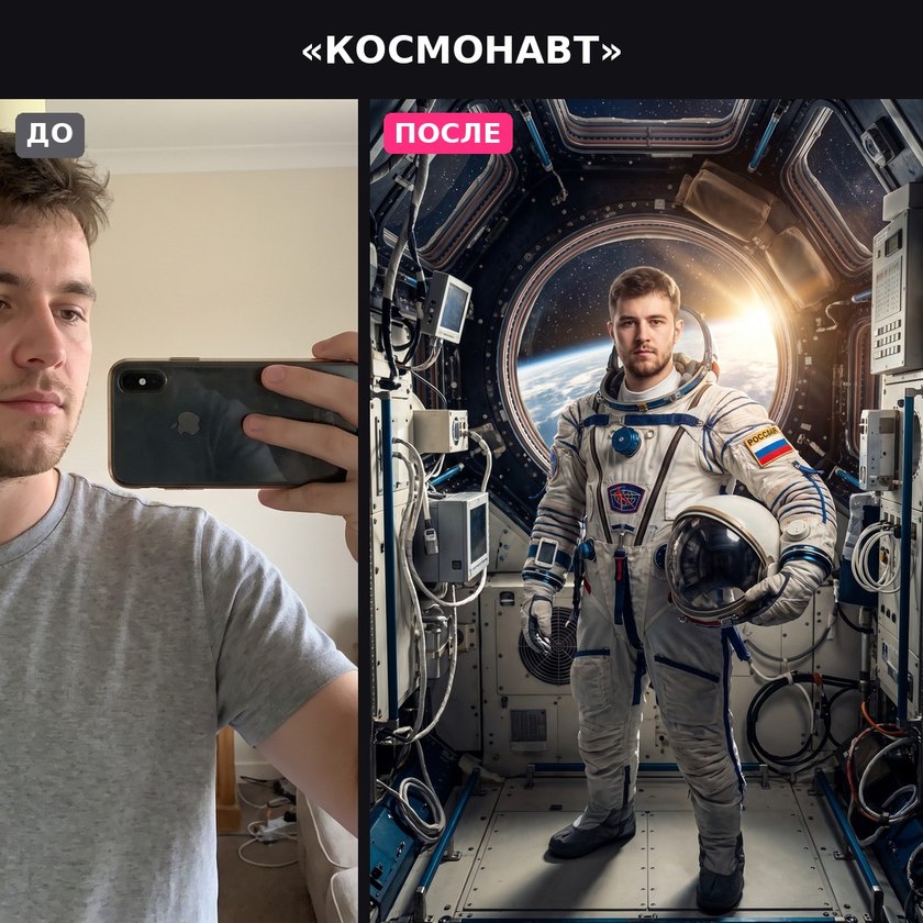 Обычное селфи и образ космонавта из него: слева фото парня с телефоном, справа он же в скафандре на космической станции, лицо сохранено