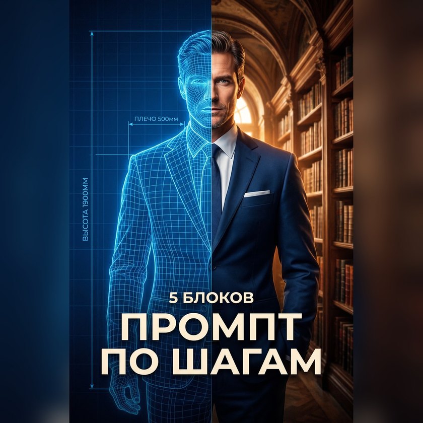 Промпт по шагам: конструктор из 5 блоков — чертёж делового мужчины превращается в реалистичный портрет в библиотеке