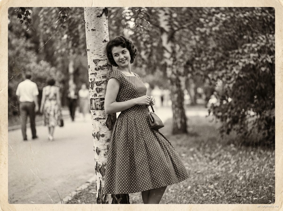 Чёрно-белое фото молодой женщины в платье в горошек конца 1950-х годов до того как раскрасить фото