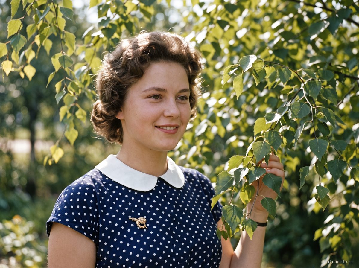 Тот же снимок молодой женщины 1950-х в синем платье в белый горошек после того как сделать фото цветным
