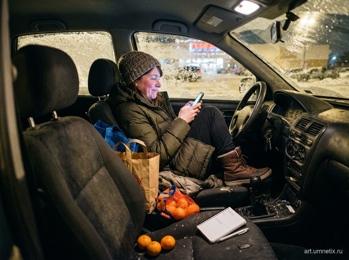 Женщина в машине на парковке тайком пишет текст, чтобы сгенерировать песню в подарок маме