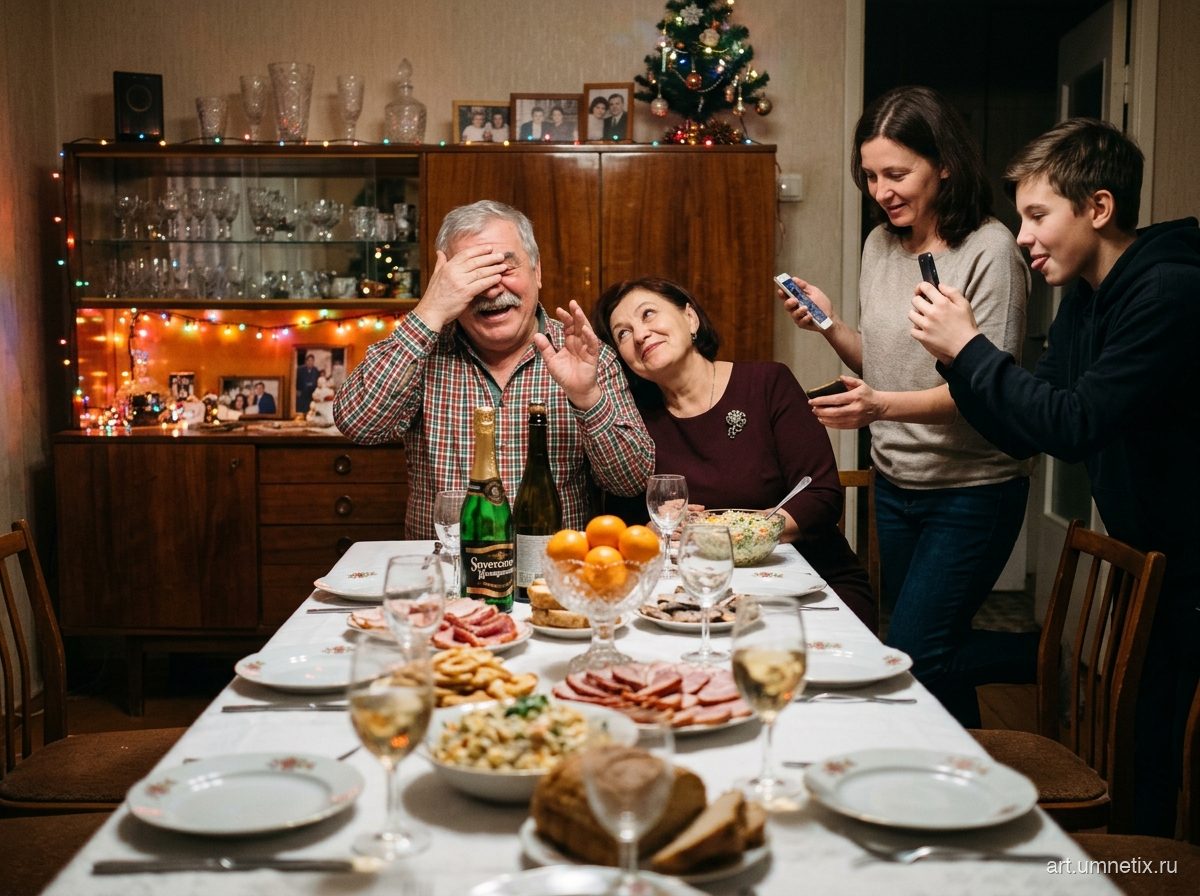 Пожилой отец за новогодним столом слушает песню о себе, которую дочь решила создать нейросетью