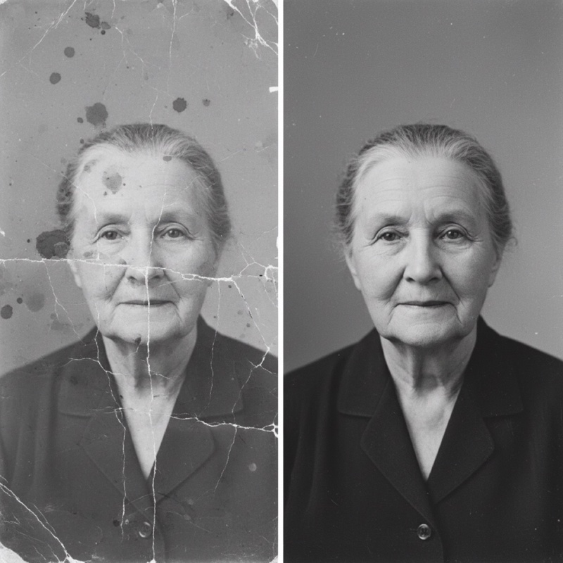 Restoration of a damaged print: facial features are unchanged